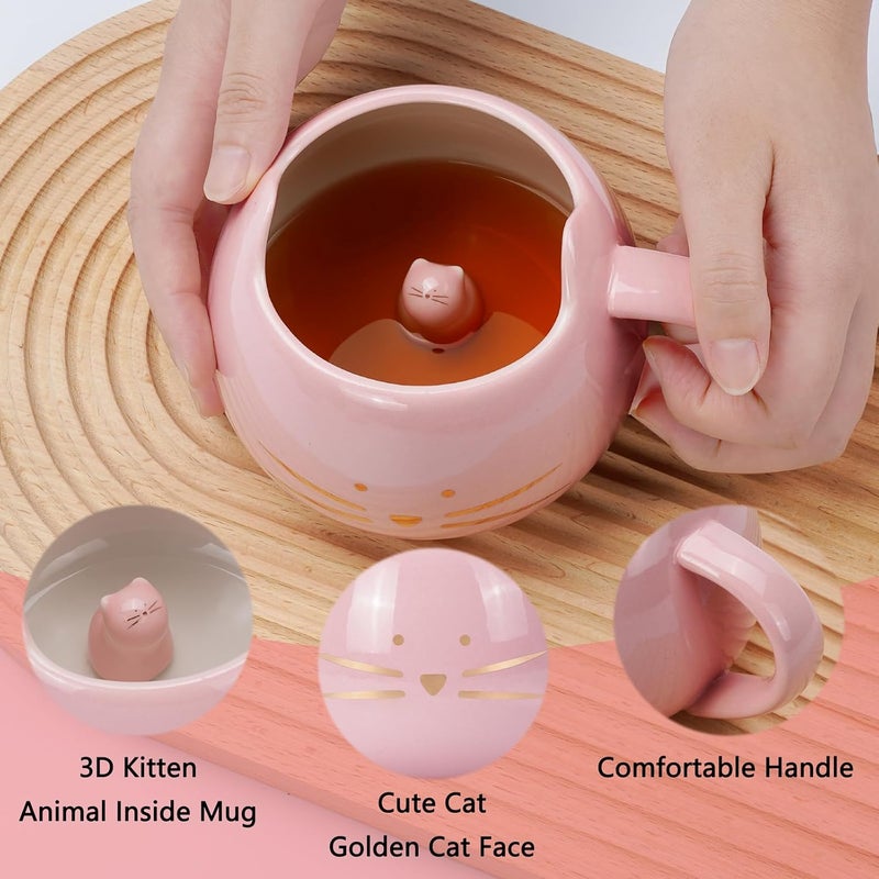 Koolkatkoo Cat Mug Cute Ceramic Coffee Mugs Hidden 3D Animal Inside Cup Novelty Tea Cup for Women Girl Gifts for Cat Lovers Holiday Mothers Day Christmas Birthday Gifts 12 oz Pink - Image 3