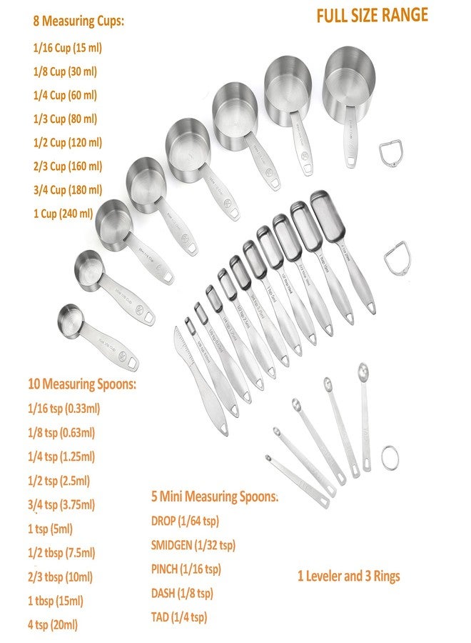 Lucksury Measuring Cups and Spoons Set of 24 Piece in 18/8 Stainless Steel, Heavy Duty 8 Measuring Cups, 10 Measuring Spoons, 1 Leveler & 5 Mini Measuring Spoons Ideal for Dry and Liquid Ingredients - Image 4