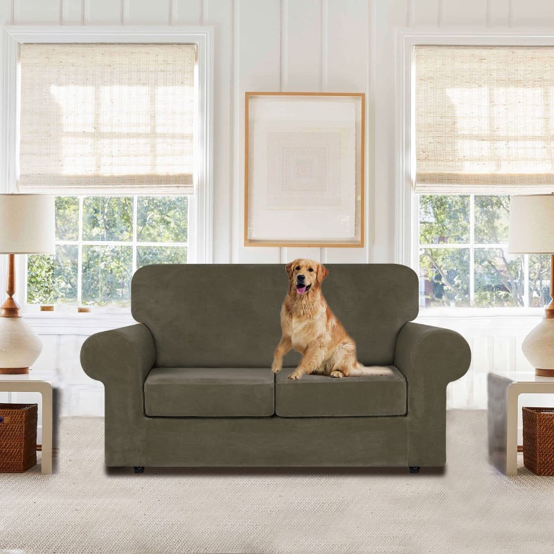 Weerrw Velvet Couch Courch for 2 Cushion Couch Sofa - Vilvet Velvet Luxury Vilvet Plush 3 قطع أريكة أريكة مع واقي الأثاث السفلي المرن للحيوانات الأليفة قابلة للغسل بني متوسط - Image 2