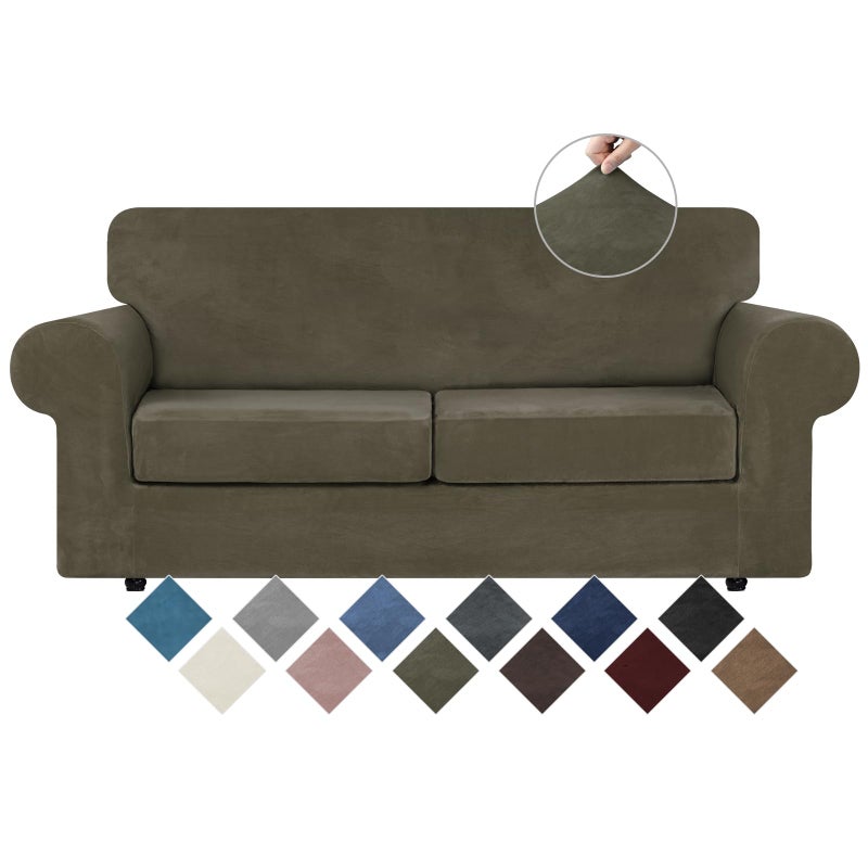 Weerrw Velvet Couch Courch for 2 Cushion Couch Sofa - Vilvet Velvet Luxury Vilvet Plush 3 قطع أريكة أريكة مع واقي الأثاث السفلي المرن للحيوانات الأليفة قابلة للغسل بني متوسط - Image 1
