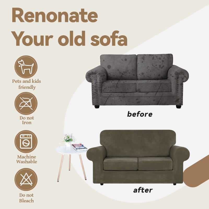 Weerrw Velvet Couch Courch for 2 Cushion Couch Sofa - Vilvet Velvet Luxury Vilvet Plush 3 قطع أريكة أريكة مع واقي الأثاث السفلي المرن للحيوانات الأليفة قابلة للغسل بني متوسط - Image 5