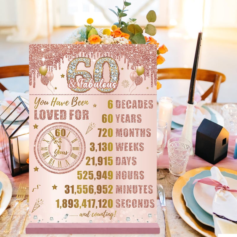 Bumqviy Happy 60th Birthday Decorations Back in 1965 Table Sign for Women  Pink Rose Gold 60 & Fabulous Birthday Two-Sided Wooden Poster with Stand  60 Year Old Birthday Gift Party Supplies - Image 4