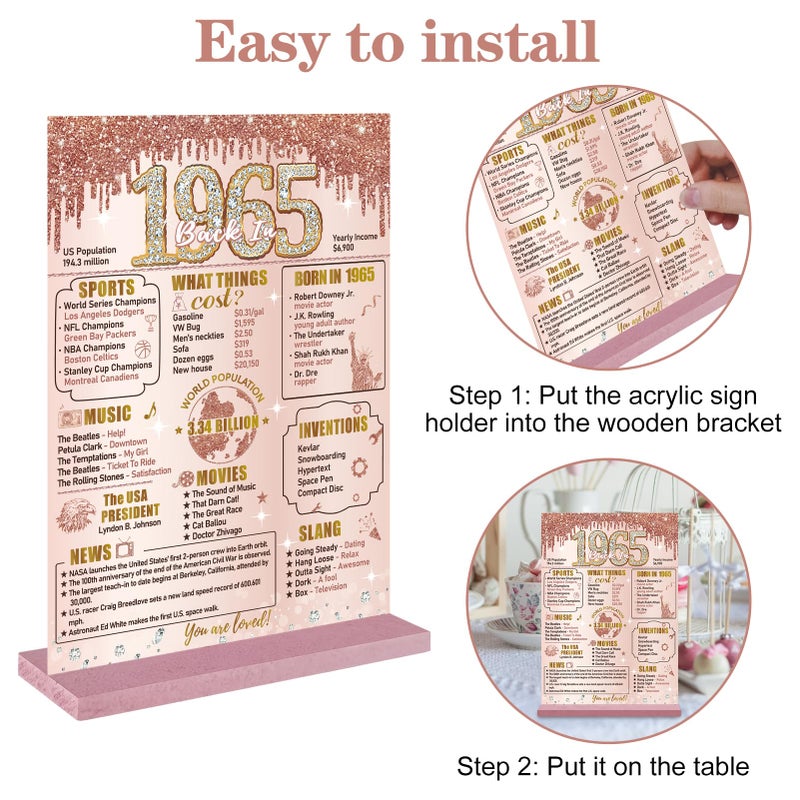 Bumqviy Happy 60th Birthday Decorations Back in 1965 Table Sign for Women  Pink Rose Gold 60 & Fabulous Birthday Two-Sided Wooden Poster with Stand  60 Year Old Birthday Gift Party Supplies - Image 3