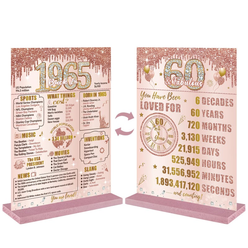 Bumqviy Happy 60th Birthday Decorations Back in 1965 Table Sign for Women  Pink Rose Gold 60 & Fabulous Birthday Two-Sided Wooden Poster with Stand  60 Year Old Birthday Gift Party Supplies - Image 1