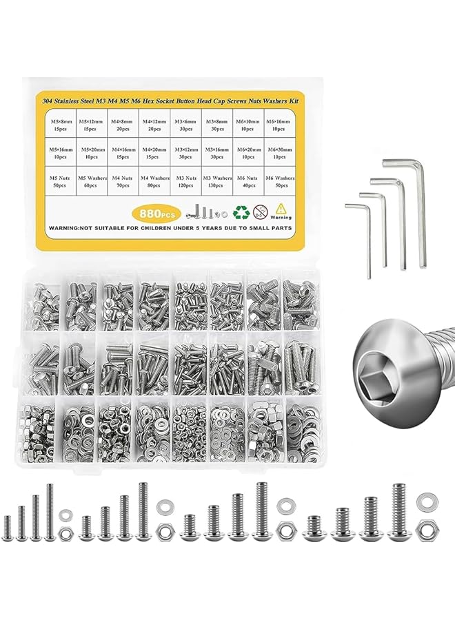 promass 880 Pcs Screws Bolts and Nuts Assortment Kit, Metric Machine Screws and Nuts and Bolts and Flat Washers, M3/M4/M5/M6 Phillips Slotted Pan Head Hex Bolts and Nuts Sets, with 4 Wrenches - Image 1
