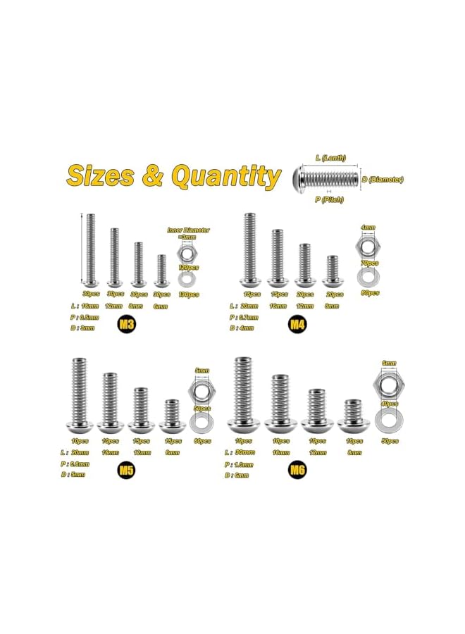 promass 880 Pcs Screws Bolts and Nuts Assortment Kit, Metric Machine Screws and Nuts and Bolts and Flat Washers, M3/M4/M5/M6 Phillips Slotted Pan Head Hex Bolts and Nuts Sets, with 4 Wrenches - Image 2