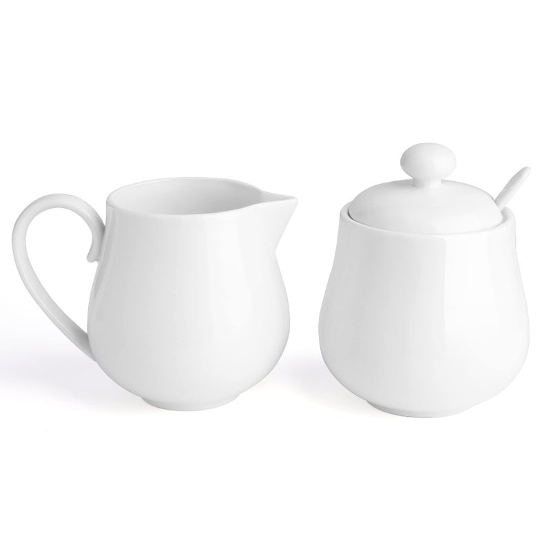 Sweese Sweese 12 Ounce Porcelain Sugar and Creamer Set Coffee Serving Set 3 Piece with Cream Pitcher Sugar Bowl with Lid and Spoon White  480101
