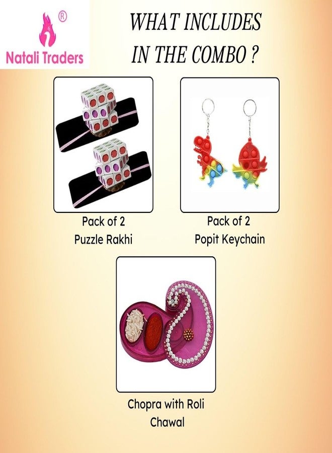 Natali Traders Rakhi for Kids Pack of 2-2 Popit Keychain with 2 Puzzle Rakhi for kids- Popet Pop Toys - Roli Chawal with Chopra for Boys, Girls, Children -Younger Bhai - Image 2
