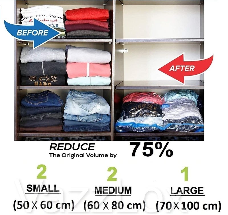 VazzLox 5 Vacuum Bags For Clothes With Pump Reusable Plastic Bags For Packing4Xl For Clothes Space Saver Bag Compression Sealer Bags For Home&Travel (2S+2M+1L Size Vacuum Bags For Storage),Multicolor - Image 2