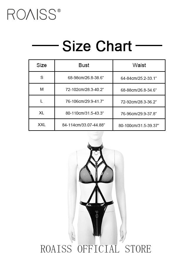 roaiss Lingerie for Women Leather Halter Neck One Piece Nighty Nightwear Underwear Bra Zipper Crotch Bodysuit  - Image 2