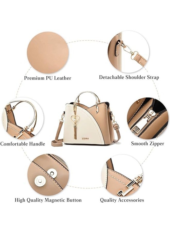 Women's Bag Luxury Cream & Gold Contrast Stitching Tote - Premium PU Leather Shoulder Bag-Handle Satchel with Tassel Accents -Gift for Wedding, Party - Image 3