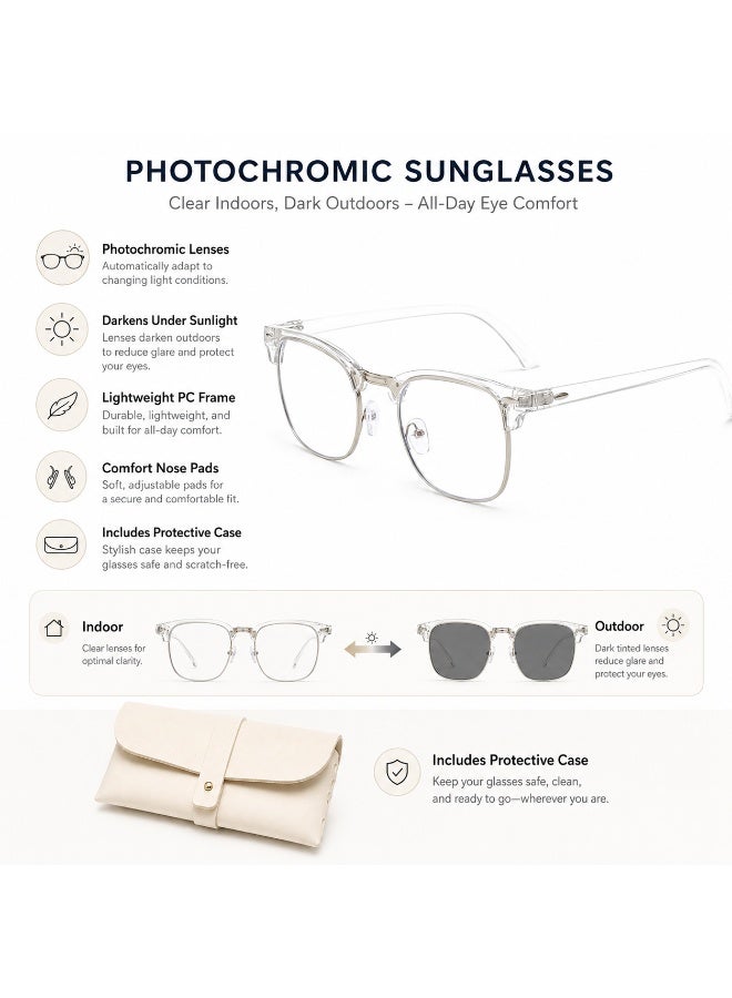 Photochromic Half Rim Sunglasses with Protective Case,  White - Image 3