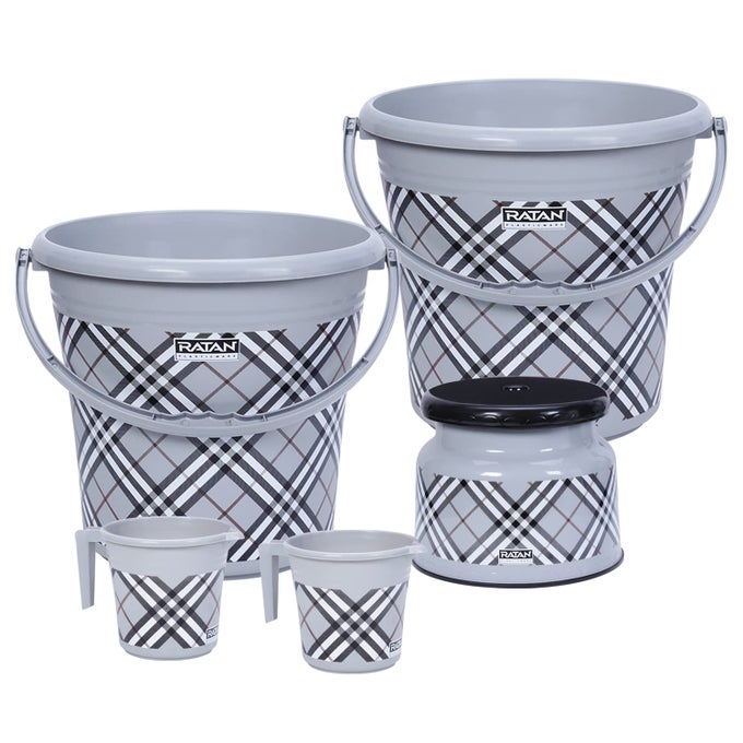 PACK OF 5 BATHROOM FULL SET COMBO 20L BUCKET X 215L MUG X 2 NOVA PATLA STOOL 107 X 1 BATH SETS FOR HOME KITCHEN FROSTY CHECKS PRINT GREY