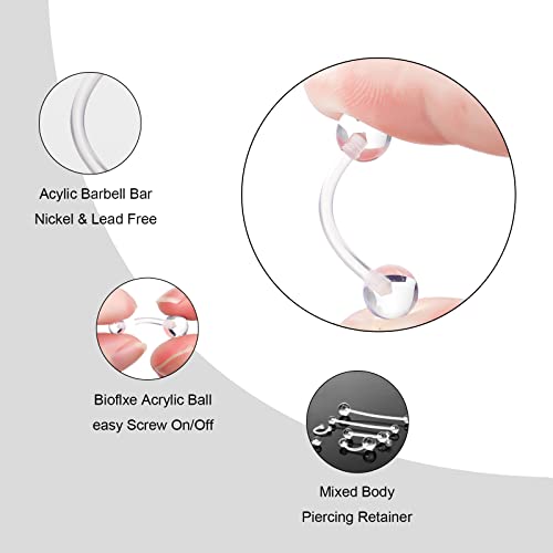CrazyPiercing 45pcs Clear Piercing Retainers Bioflex Nose Tongue Nipple Belly Rings Assorted Clear Plastic Body Piercing Jewelry for Women Man (45 Pieces) - Image 3