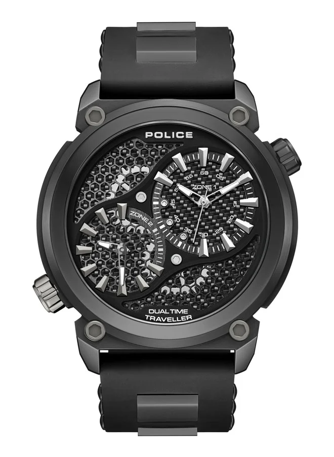 بوليس Boa 48mm Black Ion-Plated Case Watch with Black Dial, Dual Crowns, Honeycomb Backdrop & Black Silicone Strap