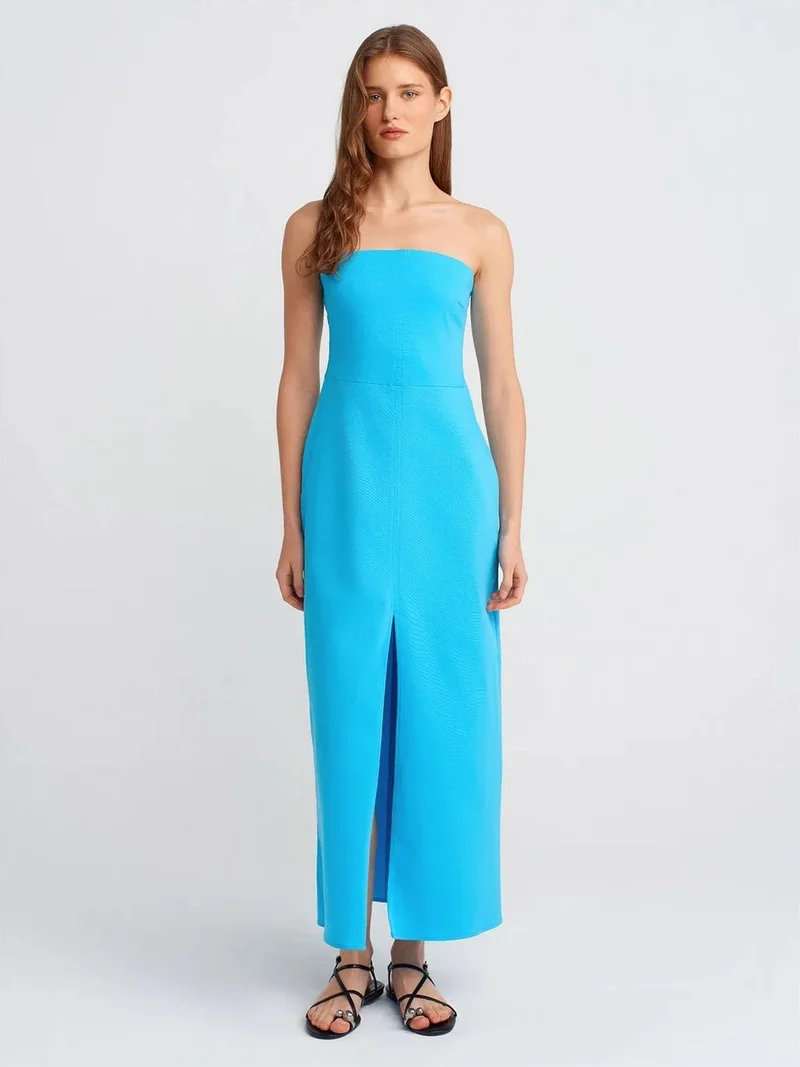 ديلفين DILVIN Strapless Fitted Midi Dress With Slit