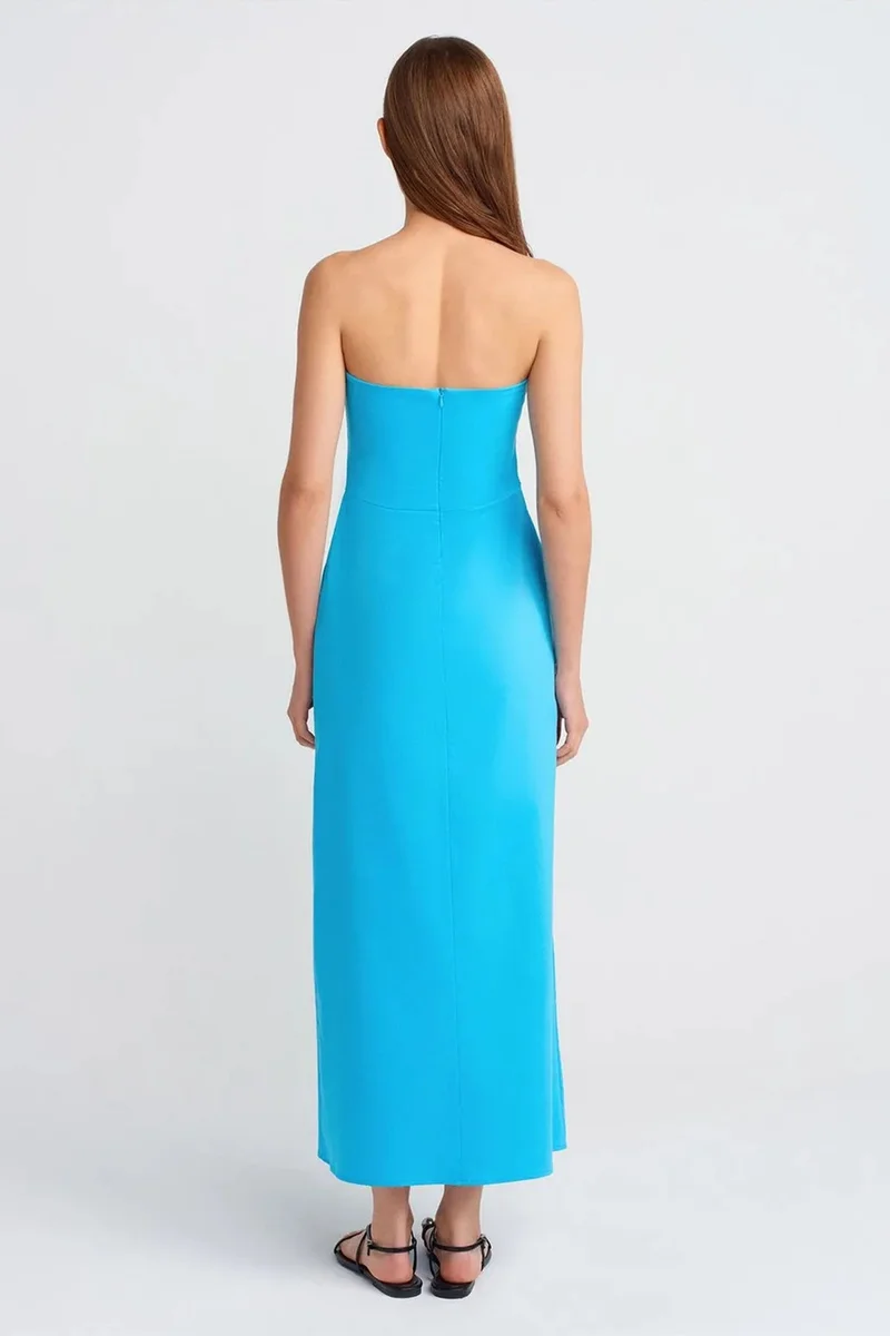 Dilvin Cerulean Blue DILVIN Strapless Fitted Midi Dress With Slit for Women | Best Price UAE