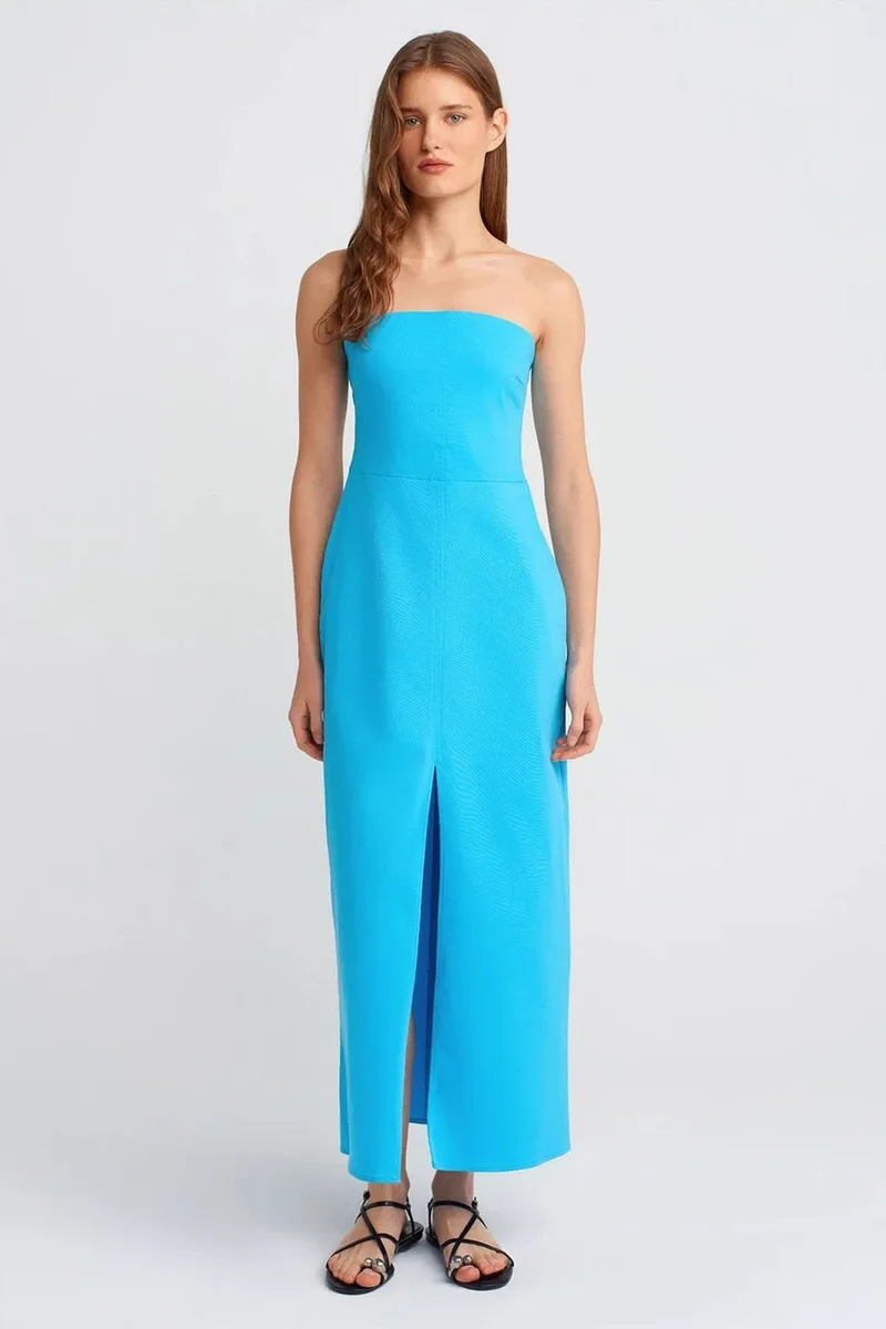 DILVIN Strapless Fitted Midi Dress With Slit