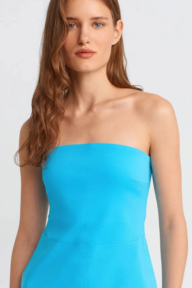 Dilvin Cerulean Blue DILVIN Strapless Fitted Midi Dress With Slit for Women | Best Price UAE