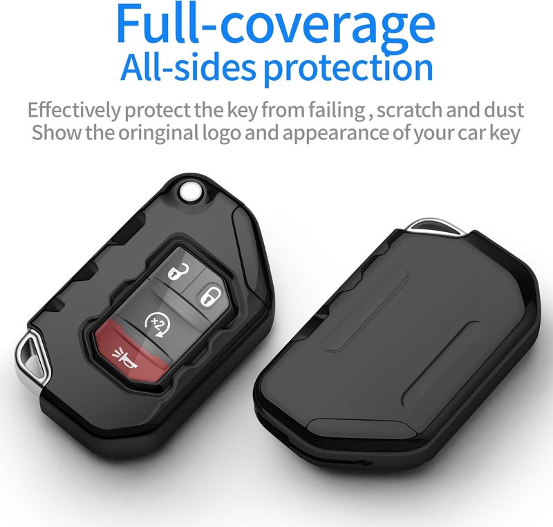 Autophone Jeep Key Fob Cover with Leather Keychain - Soft TPU Protection for Wrangler JL Gladiator (Black) - Image 3