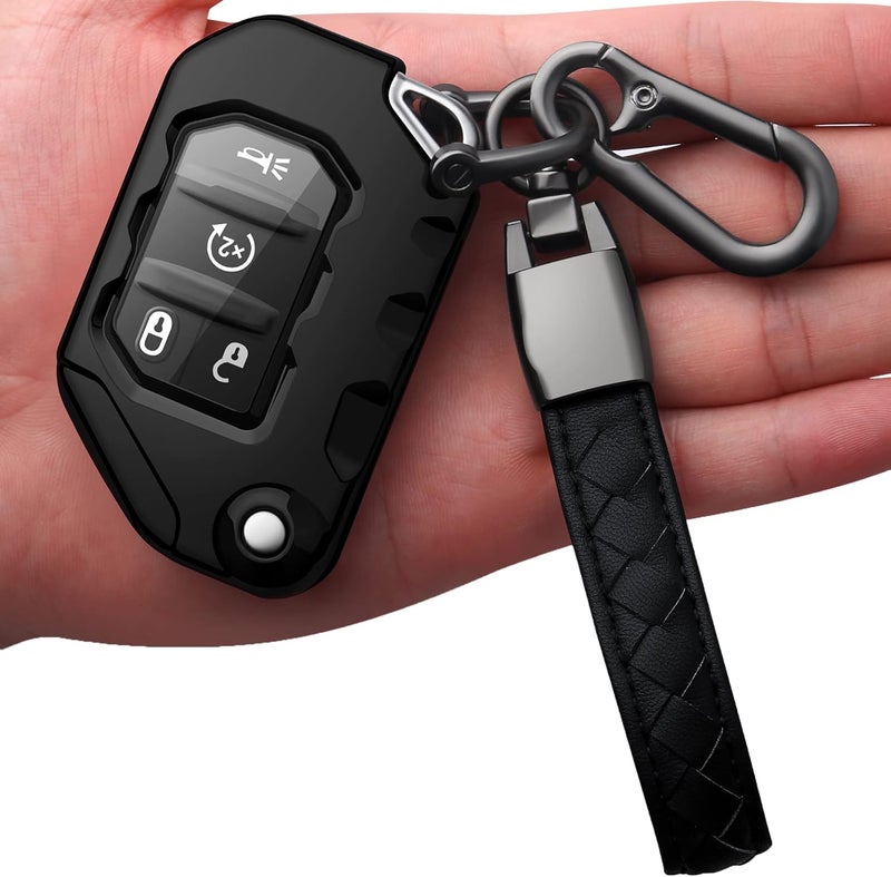 Autophone Jeep Key Fob Cover with Leather Keychain - Soft TPU Protection for Wrangler JL Gladiator (Black) - Image 1