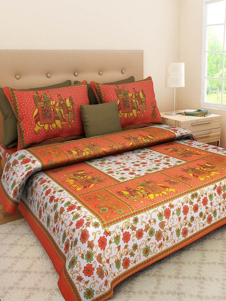 Ealth Kart 100 Cotton Rajasthani Jaipuri Traditional Print King Size Double Bed BedSheet with 2 Pillow Covers Double GangourOrange