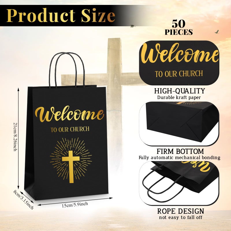 Chuangdi 50 Pcs Church Welcome Gift Bags Christian Paper Welcome to Our Church Religious Bags with Handles for Guest Baby Shower Baptism Birthday Party,5.9 x 3.15 x 8.27 Inch(Black) - Image 2