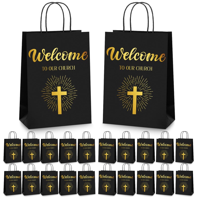 Chuangdi 50 Pcs Church Welcome Gift Bags Christian Paper Welcome to Our Church Religious Bags with Handles for Guest Baby Shower Baptism Birthday Party,5.9 x 3.15 x 8.27 Inch(Black) - Image 1
