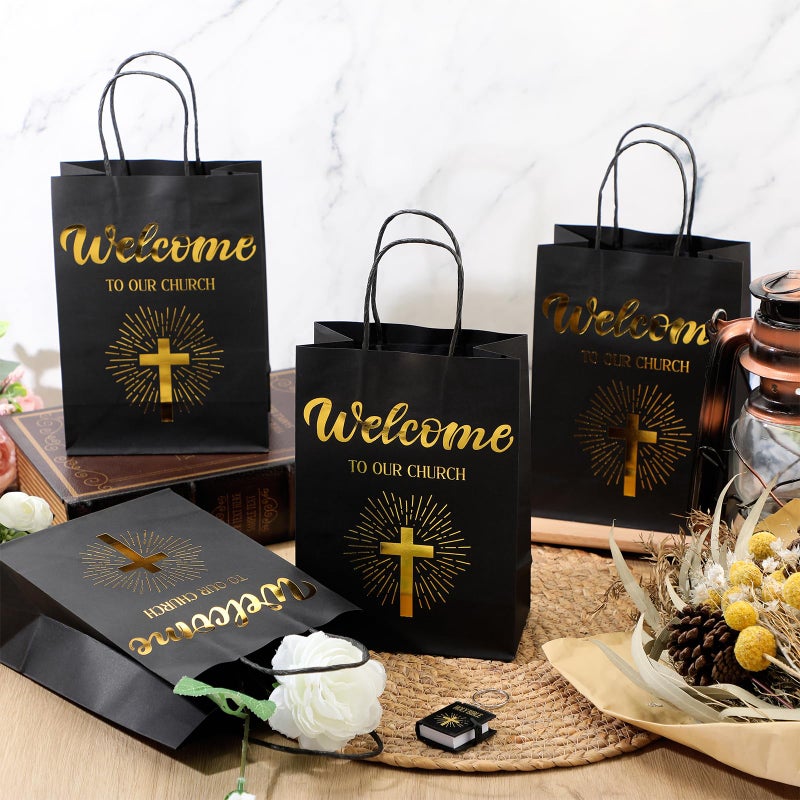 Chuangdi 50 Pcs Church Welcome Gift Bags Christian Paper Welcome to Our Church Religious Bags with Handles for Guest Baby Shower Baptism Birthday Party,5.9 x 3.15 x 8.27 Inch(Black) - Image 3