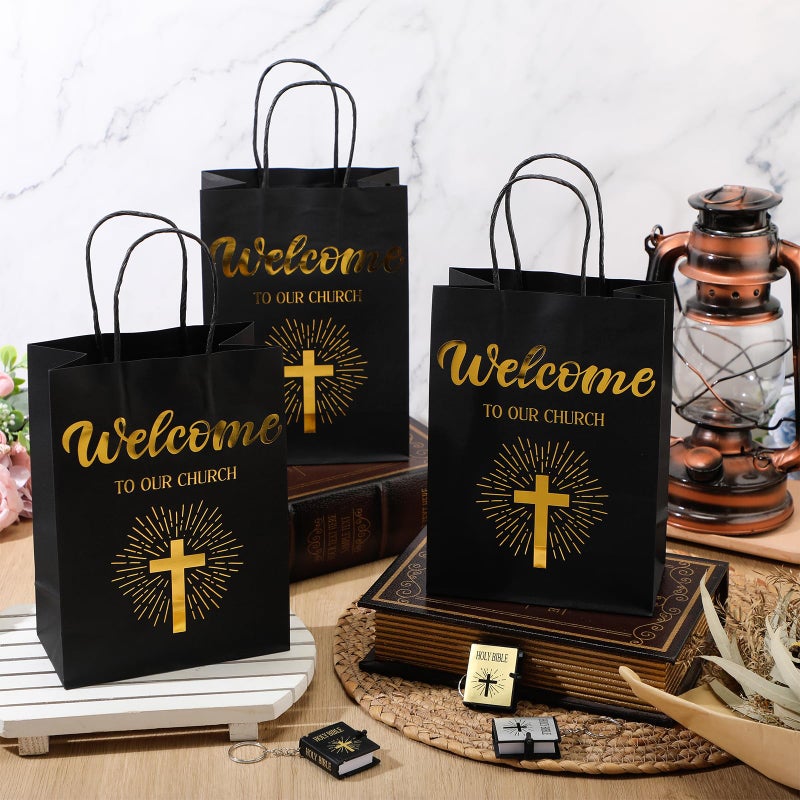 Chuangdi 50 Pcs Church Welcome Gift Bags Christian Paper Welcome to Our Church Religious Bags with Handles for Guest Baby Shower Baptism Birthday Party,5.9 x 3.15 x 8.27 Inch(Black) - Image 4