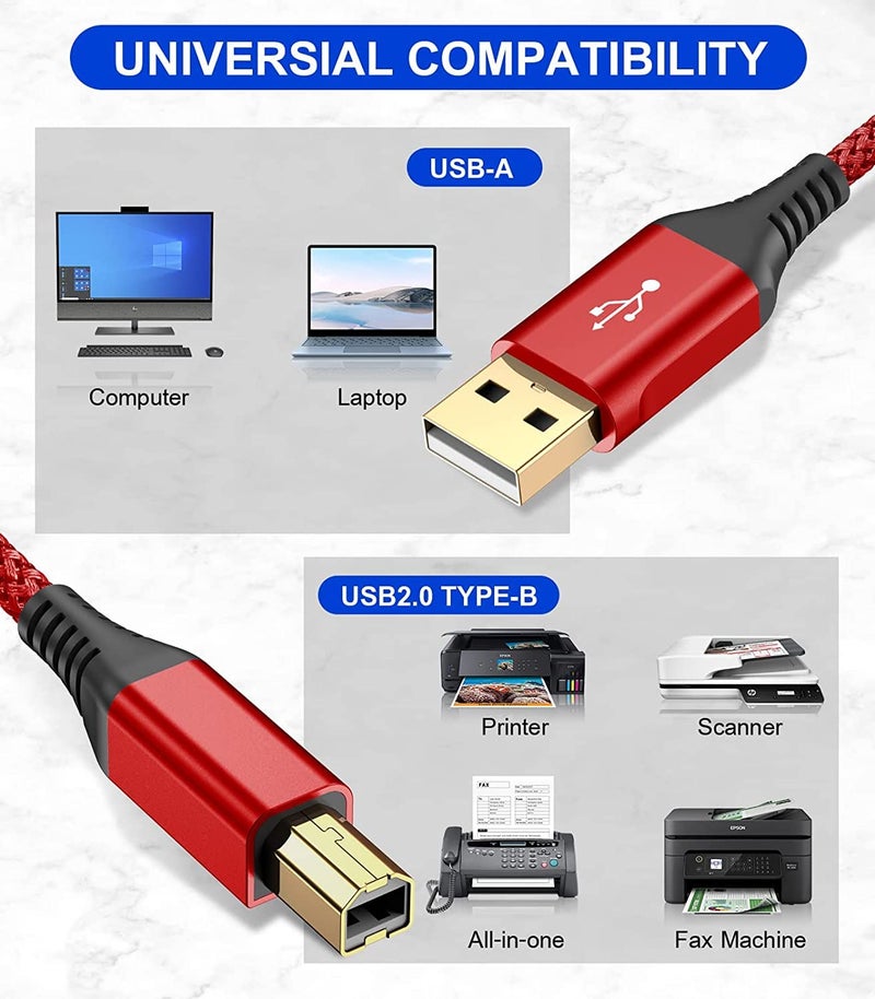 rts High Speed USB Printer Cable (2M 6.6 Feet) Nylon Braided USB 2.0 Printer Cable USB-A to USB-B Cable, Scanner Printer Cord for HP Canon Dell Epson Brother Lexmark Xerox Samsung Piano DAC & More-Red - Image 2