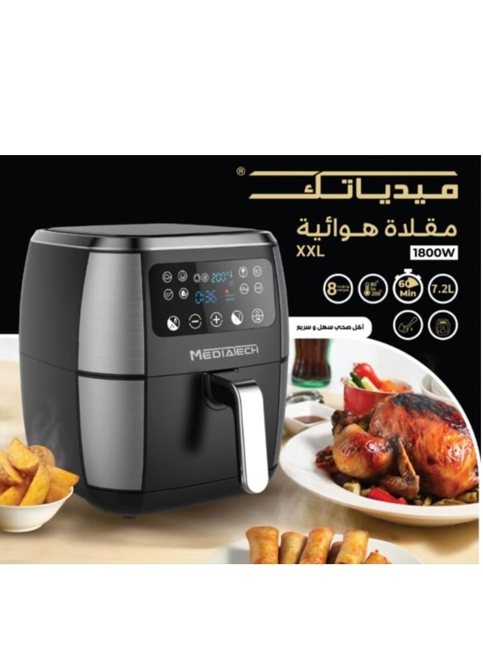 Mediatech - Healthy Air Fryer XXL, 7.2L , Digital Touch Control ,Oil-Less Fryer, Easy Clean Basket, 8 Preset Functions, Rapid Air Convection ,MT-AF1000- Silver/Black - Image 1