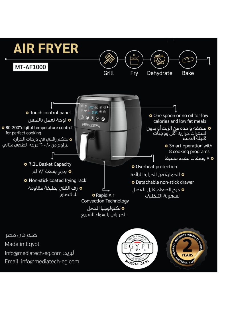 Mediatech - Healthy Air Fryer XXL, 7.2L , Digital Touch Control ,Oil-Less Fryer, Easy Clean Basket, 8 Preset Functions, Rapid Air Convection ,MT-AF1000- Silver/Black - Image 1