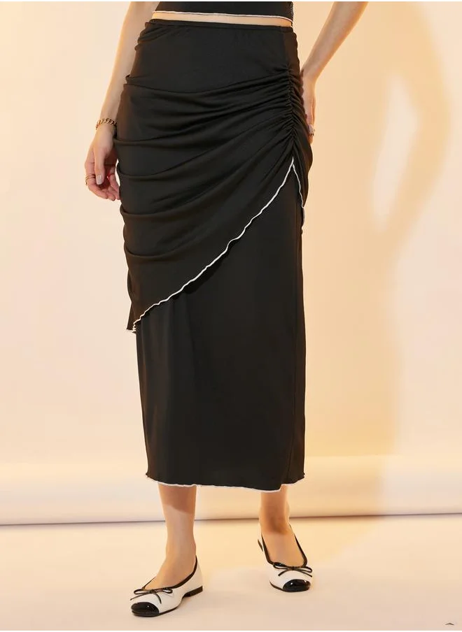 تايك تو Solid High Neck Top & Ruched Midi Skirt Co-Ords