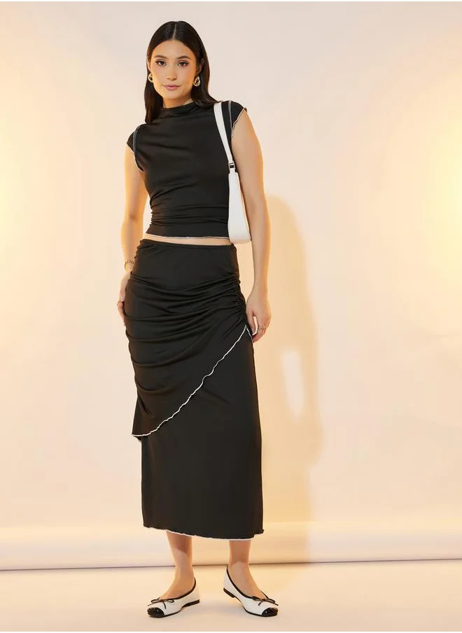 تايك تو Solid High Neck Top & Ruched Midi Skirt Co-Ords