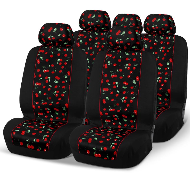 DaisyInner Red Cherry Car Seat Covers Full Set with Matching Headrest Covers Front and Rear Split Bench Fits for Most Cars, Van, Trucks, SUV - Image 1