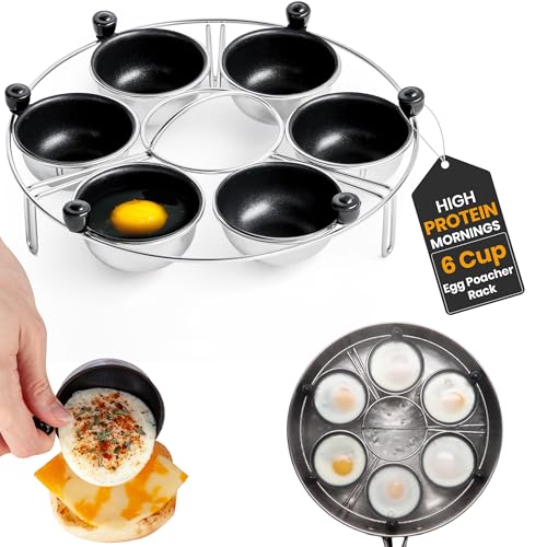 Eggssentials Egg Poacher | Stainless Steel Egg Rack | 6 Poached Egg Maker Cups PFOA Free Nonstick | 9 inch Diameter Egg Steamer Rack Fits Many Sized Pans Skillets … - Image 1