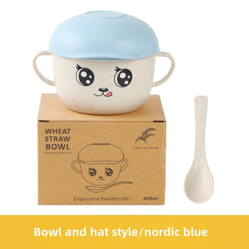 Childrens wheat straw tableware suit baby compartment food supplement plate cartoon bowl chopsticks children gift printed logoBowl Spoon hat/Nordic blue Bowl Spoon hat/Nordic blue 
