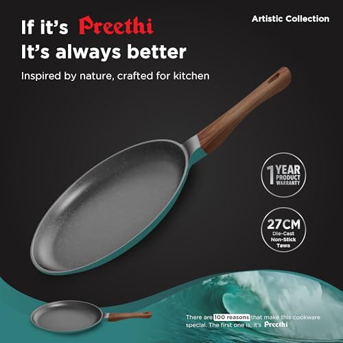 Preethi Artistic Collection Die Cast Non Stick Tawa, 27 cm, 5 Star Non Stick Effect, Cook & Serve, Ocean Green - Image 2