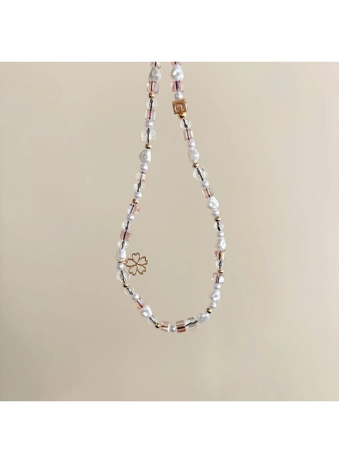 Casetify Clear Pale Pink Crystal Phone Charm Strap, Transparent Pastel Beaded Wrist Lanyard with Mini Gold Flower Ornament, Minimalist Soft Sweet Women Phone Accessory - Image 4