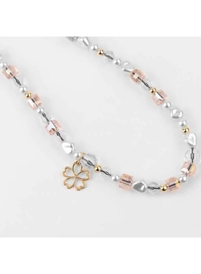 Casetify Clear Pale Pink Crystal Phone Charm Strap, Transparent Pastel Beaded Wrist Lanyard with Mini Gold Flower Ornament, Minimalist Soft Sweet Women Phone Accessory - Image 5