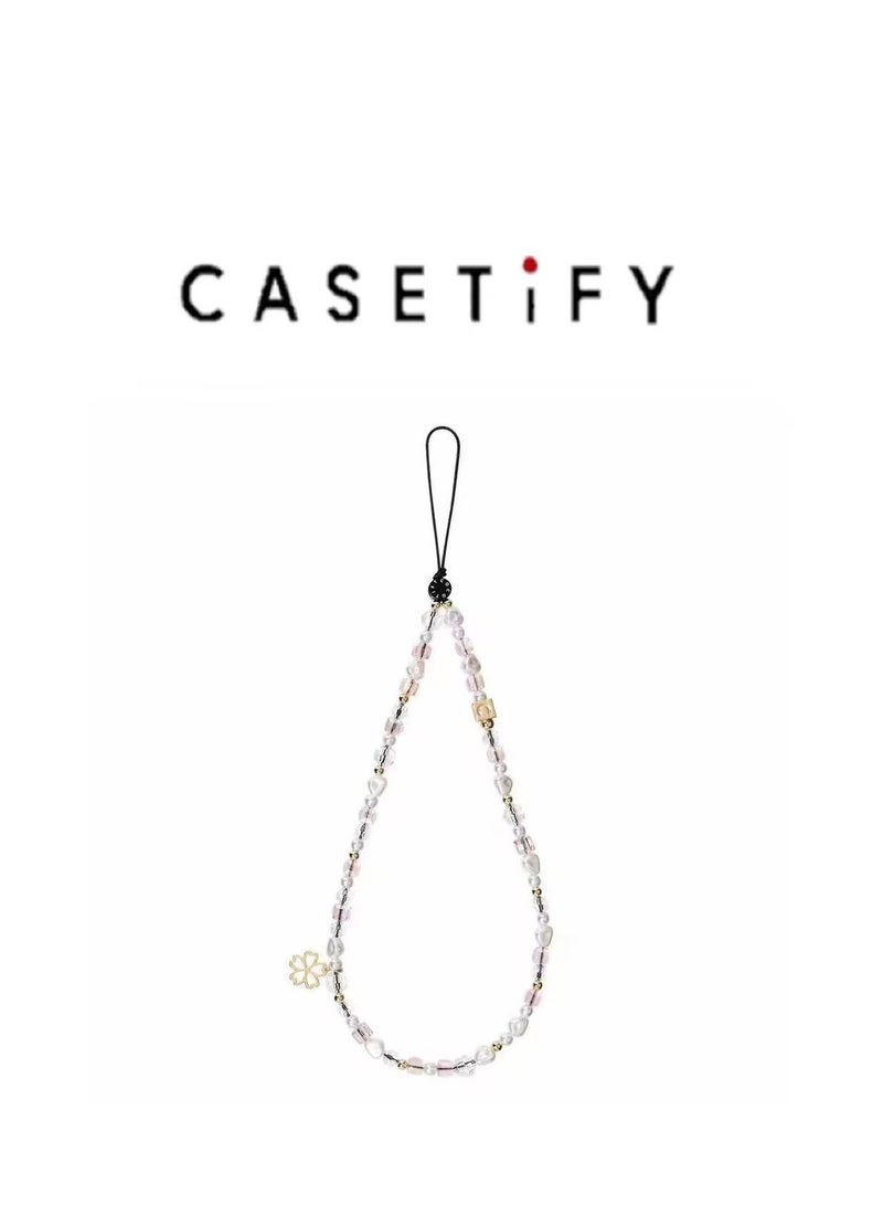 Casetify Clear Pale Pink Crystal Phone Charm Strap, Transparent Pastel Beaded Wrist Lanyard with Mini Gold Flower Ornament, Minimalist Soft Sweet Women Phone Accessory - Image 1