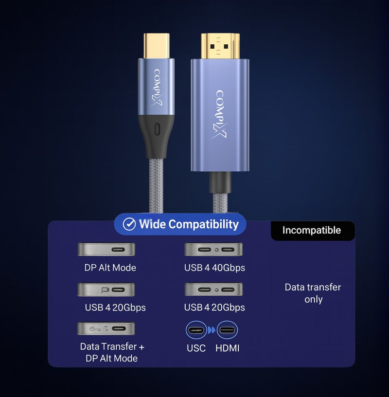 COMPIX USB C to HDMI Cable 2M, USB 3.1 Type C to HDMI 4K@60Hz Ultra HD, Braided Gold-Plated Type C Cable, Thunderbolt 4/5 for MacBook Pro, iPhone 17/16 Pro Max, iPad Air/Pro, Samsung S25/S26 - Grey - Image 5