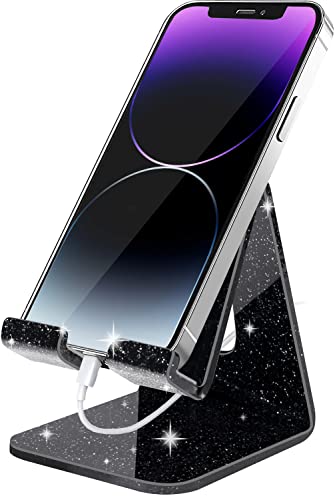 Crpich Acrylic Cell Phone Stand, Portable Phone Holder, Phone Stand for Desk, Compatible with Phone16 15 14 13 12 Pro Max Mini 11 Xr 8 Plus SE, Switch, Android Smartphone, Pad, Tablet, Glitter Black - Image 1