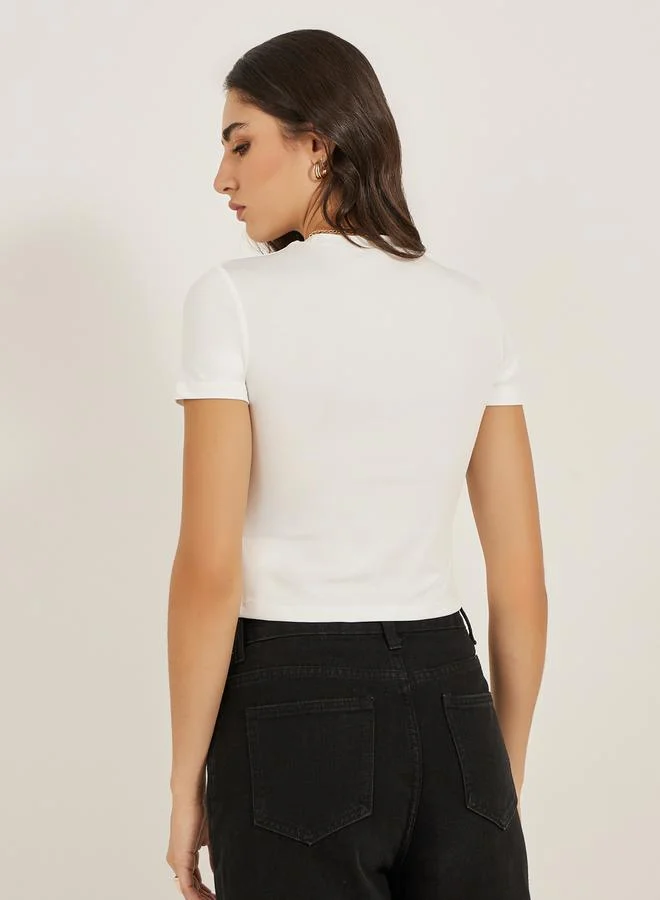 Styli Graphic Print Round Neck Fitted Crop T-Shirt