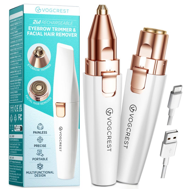 VG VOGCREST مزيل شعر الحواجب والشعر الوجه القابل لإعادة الشحن للنساء - ماكينة حلاقة 2 في 1 مع ضوء LED مدمج لإزالة الشعر بدون ألم - Image 1