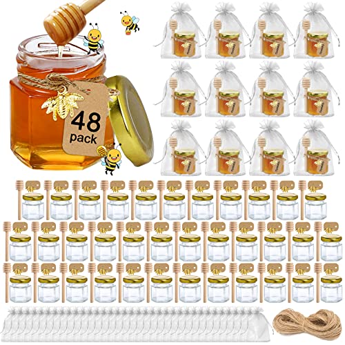Aliggbent 48 Pack Mini Honey Jars Party Favors in Bulk, 1.5 oz Small Hexagon Glass Honey Jars with Dippers, Gold Lids, Bee Charms, Gift Bags and Jute - Great for Baby Showers, Weddings & Birthdays - Image 1