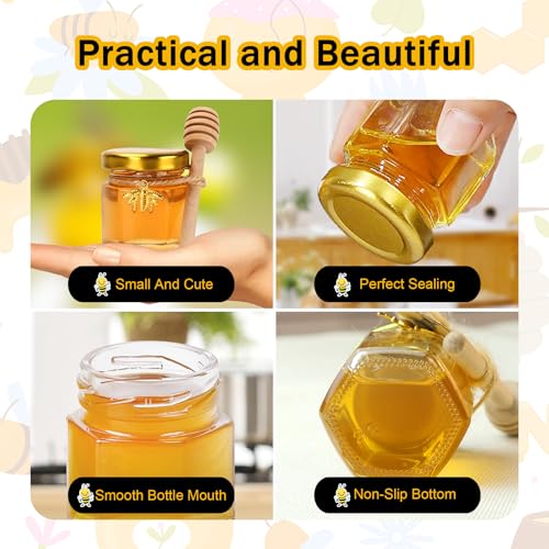 Aliggbent 48 Pack Mini Honey Jars Party Favors in Bulk, 1.5 oz Small Hexagon Glass Honey Jars with Dippers, Gold Lids, Bee Charms, Gift Bags and Jute - Great for Baby Showers, Weddings & Birthdays - Image 4