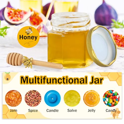 Aliggbent 48 Pack Mini Honey Jars Party Favors in Bulk, 1.5 oz Small Hexagon Glass Honey Jars with Dippers, Gold Lids, Bee Charms, Gift Bags and Jute - Great for Baby Showers, Weddings & Birthdays - Image 5