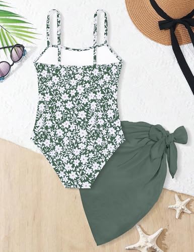 TALLWH Girls Swimsuit Size 8-14 Printed Adjustable Straps Cut Out One Piece Swimsuit with Solid Color Cover Up Skirt - Image 5